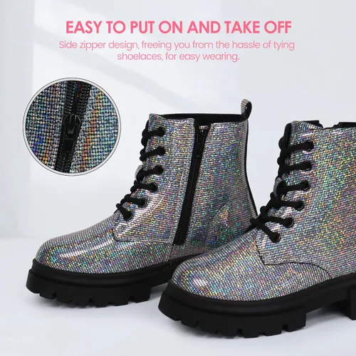 Vista 3 de starmerx Botas de tobillo para niñas, botas de combate con cordones y cremallera lateral, cómodas botas para niños