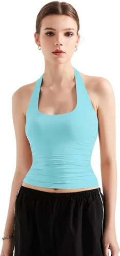 Vista 5 de SUUKSESS Camisetas sin Mangas para Mujer con Cuello Halter Forro Doble Sin Espalda Y2K Modernas para Salir Aguamarina