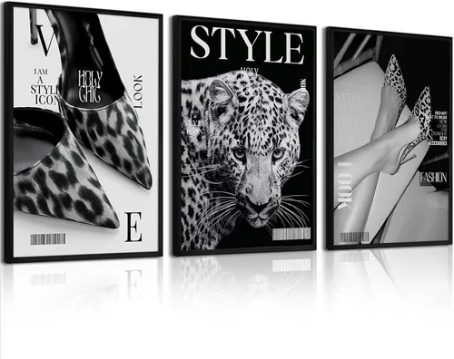 Vista 12 de Arte de pared de leopardo de moda, decoración de pared de guepardo blanco y negro, pósteres de lienzo estéticos de moda, impresiones de estocolmo