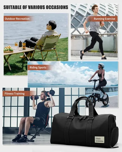 Vista 7 de Bolsa de viaje de cuero con bolsa para zapatos, bolsa de deporte de gimnasio, bolsa impermeable para fines de semana para hombres y mujeres, Negro
