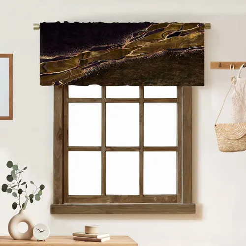 Vista 41 de Cortina de cenefa de mármol verde con venas doradas de mármol negro, diseño abstracto de lujo, elegante cenefa con bolsillo para barra, 1 panel