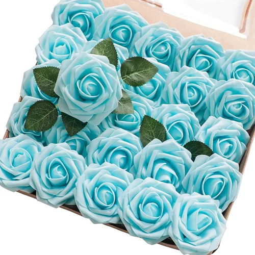 Vista 50 de Floroom Flores artificiales, 25 piezas de rosas falsas de espuma dorada antigua de aspecto real con tallos para ramos de boda DIY, centros de mesa
