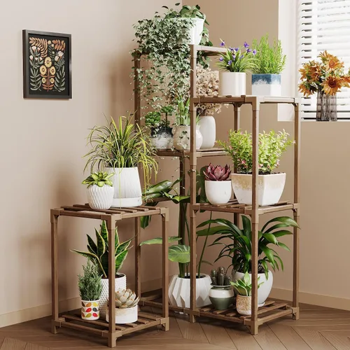 Vista 16 de Bamworld - Soporte esquinero para plantas de interior y exterior, mesa pequeña para varias plantas, estante de madera para jardín, patio, césped