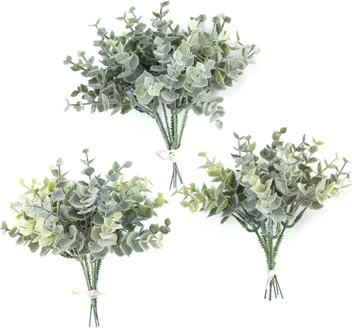 Vista 6 de Floroom 3 tipos de tallos artificiales de eucalipto de dólar plateado, 19 piezas de plantas falsas de relleno para bricolaje, ramos de boda, centros