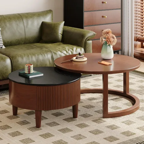 Vista 12 de Mesa de café redonda, mesa de café moderna de 31.5" con 2 cajones grandes de almacenamiento, tapa de mesa con patrón de mármol, mesa central
