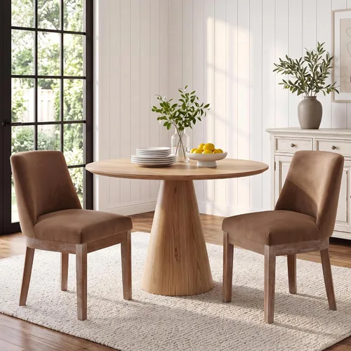 Vista 20 de HNY Juego de 2 sillas de comedor modernas con cómodo soporte de espalda, sillas de comedor tapizadas de lino suave con patas de madera maciza