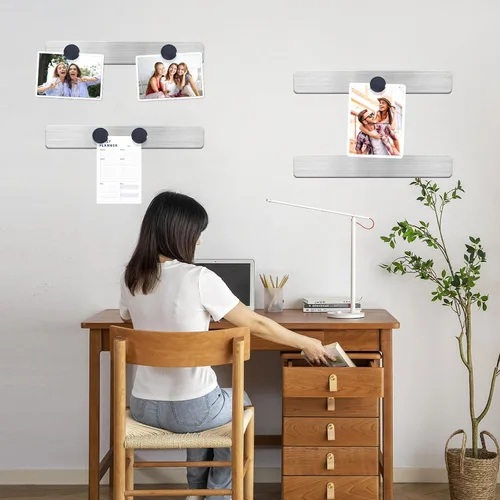 Vista 5 de Tablero magnético de anuncios con tiras de hierro inoxidable sin marco, tiras magnéticas con reverso adhesivo, tablero de notas con 10 imanes negros