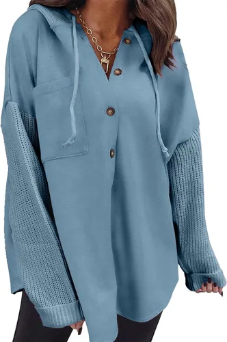 Vista 18 de SHEWIN - Sudadera de gran tamaño para mujer, de ajuste holgado, casual, manga larga, con botones, con capucha y bolsillos a gris