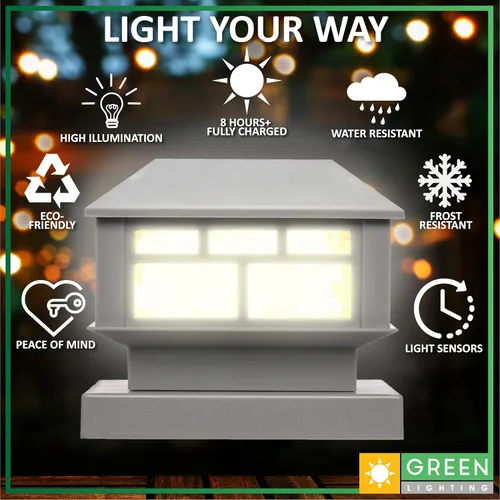 Vista 4 de GreenLighting - Lámpara de diseño moderno accionada con energía solar (2 unidades) de 10 lúmenes para postes de 4 x 4 o 5 x 5 pulgadas (negro)