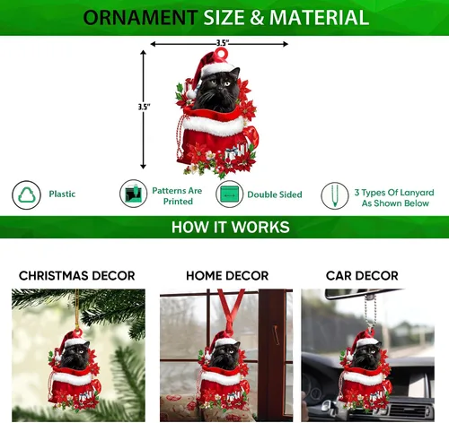 Vista 2 de Talataca Adorno de Navidad plano 2D de gato negro, Gato Negro en bolsa de regalo de Papá Noel rojo, decoración de árbol de pino, colgante de casa 4