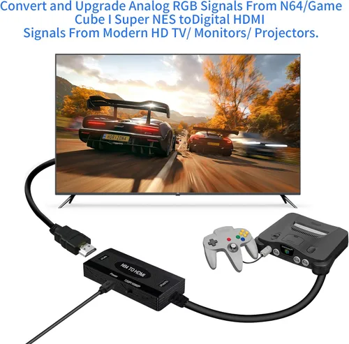 Vista 5 de Adaptador convertidor N64 a HDMI, adaptador HDMI para N64SNESNGCSFC con cable compatible con conversión 16 943, Nintendo 64 a HDM, compatible