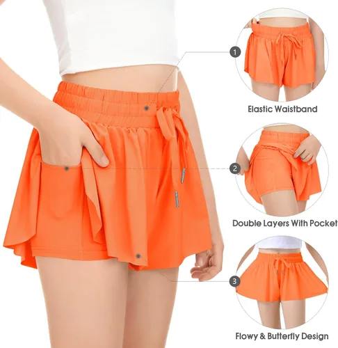 Vista 3 de Paquete de 2 pantalones cortos de mariposa para niños y niñas, pantalones cortos holgados con bolsillo 2 en 1, pantalones cortos deportivos