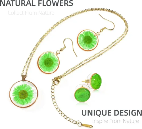 Vista 2 de Women 3 in1 Handmade Sterling Silver Pressed Flower Jewelry Gift Sets Chrysanthemum