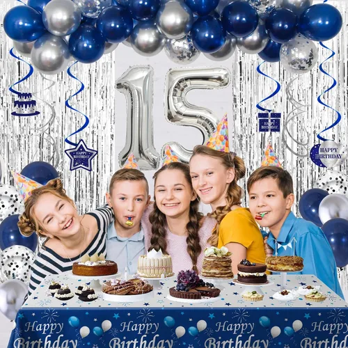 Vista 4 de Decoraciones de cumpleaños número 15 para niños y niñas azul plateado, pancarta de decoraciones de feliz cumpleaños número 15, globos de cumpleaños