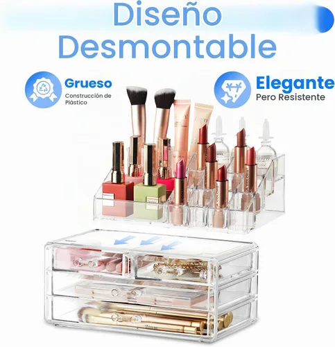Vista 5 de Masirs Organizador de maquillaje transparente – 16 compartimentos para cosméticos y joyas con 4 cajones – Caja de almacenamiento para maquillaje