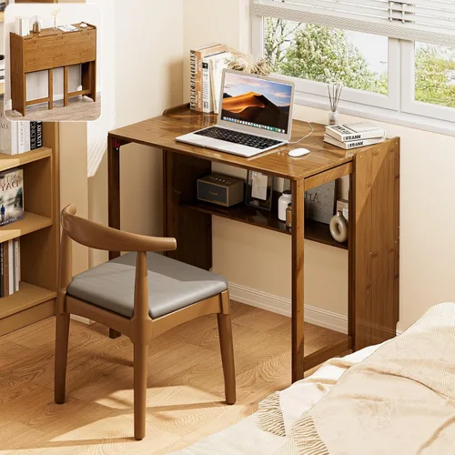 Vista 11 de Escritorio plegable de bambú de 31.1 pulgadas con estantería, escritorio compacto para computadora para espacios pequeños, escritorio plegable