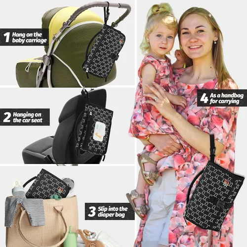 Vista 6 de Cambiador de pañales portátil, cambiador portátil con bolsillo para toallitas, cambiador de pañales impermeable, cambiador portátil para bebé, Negro