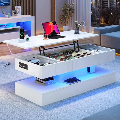 Vista 10 de 39.4" Mesa de café grande con tapa elevable, modernas mesas de café LED de alto brillo para sala de estar con almacenamiento, mesas de salón negras