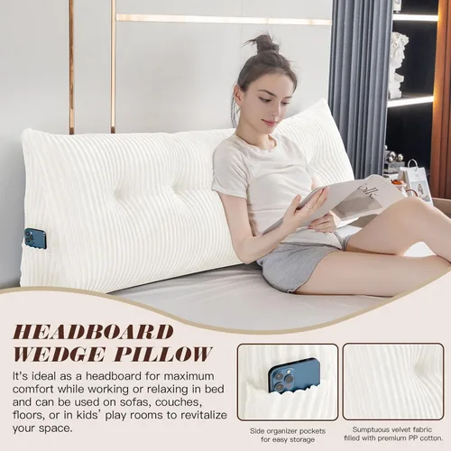 Vista 5 de Almohada Triangular Grande para Cabecera en Forma de Cuña para Descanso en Cama y Lectura; Almohada para el Respaldo con Soporte y Posicionamiento