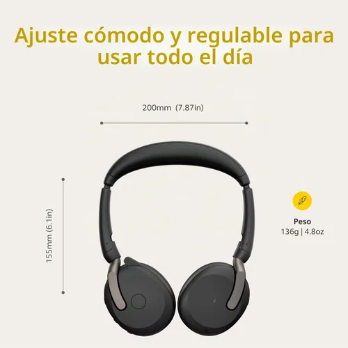 Vista 6 de Jabra Evolve2 65 Flex Auriculares Estéreo Inalámbricos - Bluetooth, Tecnología ClearVoice con Cancelación de Ruido y ANC Híbrido - Certificado