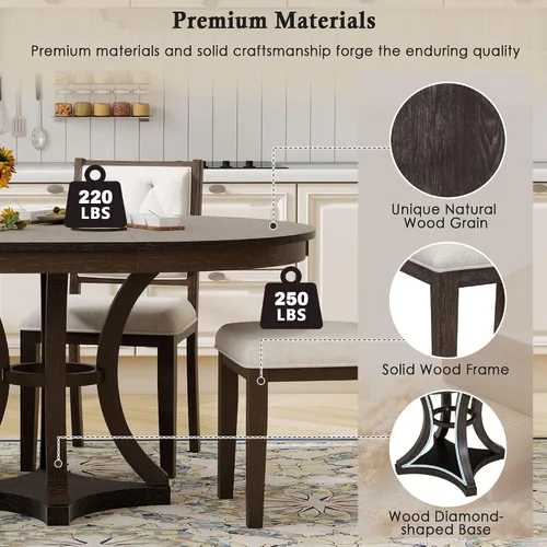 Vista 6 de Knocbel Juego de mesa extensible para 4-6, mesa de comedor redonda ovalada con 4 sillas tapizadas, juegos retro de 5 piezas con base de madera