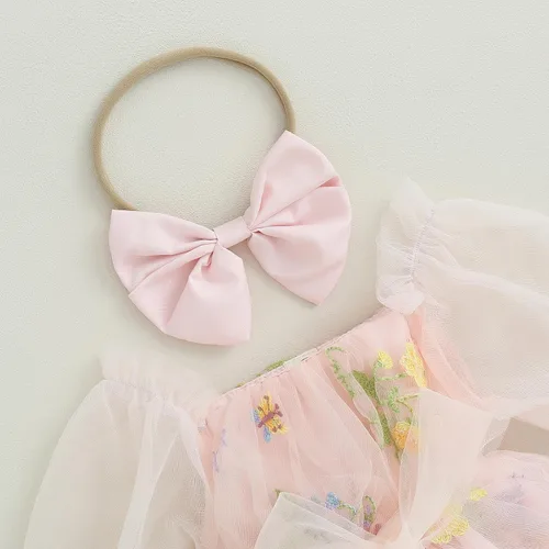 Vista 4 de KMBANGI Vestido de tutú para bebé niña con diadema de lazo de malla, manga larga, falda bordada floral, vestido de verano para primavera y otoño