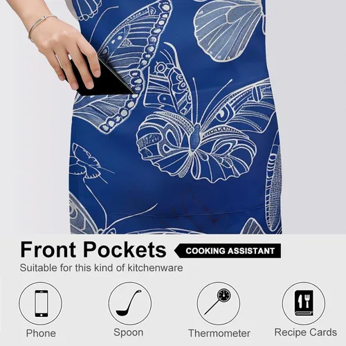 Vista 5 de MUSM Apron for Adults - 27.6 X 31.5 Inch, Heavy-Duty Polyester Aprons with Two Large Pockets, Waterproof Several Butterfly Lines Kitchen Apron for