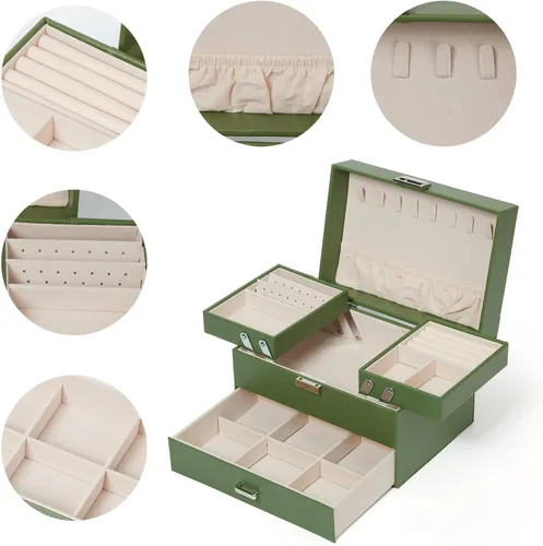 Vista 3 de Joyero de 3 capas grande de cuero organizador de joyas para mujeres y niñas, elegante y bien organizado para aretes, anillos, collares, pulseras