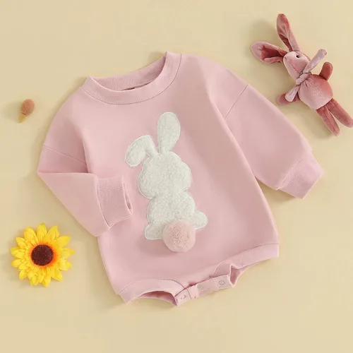 Vista 3 de FOCUSNORM Ropa de Pascua para bebé recién nacida, con bordado de conejo, sudadera con burbujas, traje de bebé niña