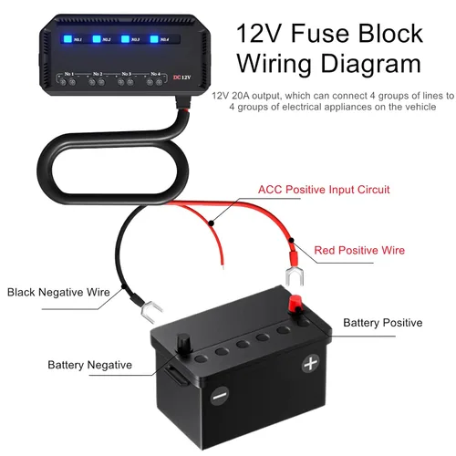 Vista 5 de Caja de fusibles de 12 V, kit universal con fusibles de 20 A, caja de relés, 4 circuitos, portafusibles de hoja pequeña de perfil bajo y bloque