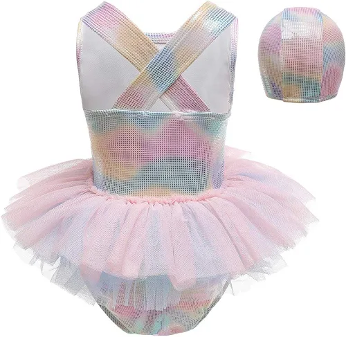 Vista 2 de HIHCBF Traje de baño de una pieza para niñas con volantes Tutú con gorra de sirena y escala ropa de playa