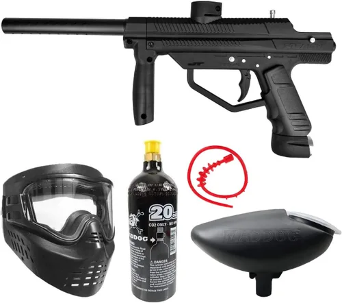 Vista 9 de Maddog JT Stealth Paintball Gun Marker and Accessory Starter Packages [CO2] Marker, 20oz CO2 Tank, Mask, Hopper, Pods, Harness & Protective Gear