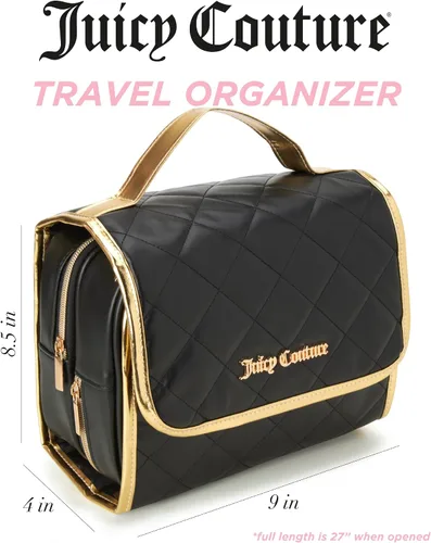 Vista 2 de Juicy Couture Bolsa de maquillaje negra Organizador de cosméticos Esenciales de viaje Gancho colgante de cuero acolchado de imitación con ribete