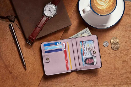 Vista 6 de Gostwo - Cartera compacta de piel genuina de lujo para mujer con bloqueo de RFID y ventana de identificación