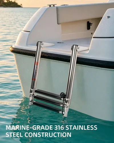 Vista 6 de Escalera telescópica para barco de 3 escalones, acero inoxidable 316 de grado marino, capacidad de 900 libras, peldaños antideslizantes y pasamanos