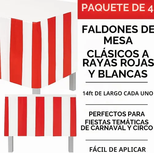 Vista 2 de Oojami - Juego de 4 faldas para mesa, diseño de carnaval/ circo a rayas rojas y blancas