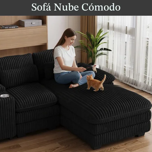 Vista 5 de Sofá modular en forma de U de 132 pulgadas, sofá modular para sala de estar, sofá moderno de pana de felpa de gran tamaño con consola central Negro