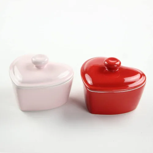 Vista 4 de Cuenco de postre en forma de corazón con tapa Tazón de cerámica para hornear arroz Bowl-5 OZ-Rosa