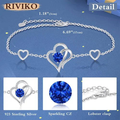 Vista 4 de RIVIKO Pulsera con dije de corazón de amor para mujer, plata de ley 925 con circonitas de piedra natal, eslabones ajustables para madre, esposa