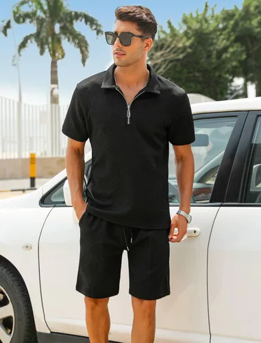 Vista 2 de EISHOPEER Conjunto de camisa polo y pantalón corto para hombre, trajes de verano a la moda con cremallera para hombre, manga corta, 2 piezas