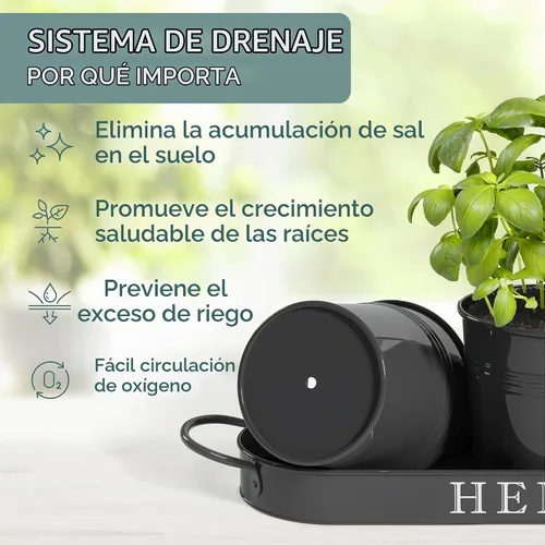 Vista 5 de Barnyard Designs - Juego de macetas para jardín de hierbas de interior con bandeja, macetas de metal para alféizar con drenaje para plantas de Negro