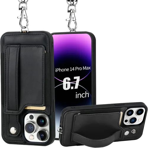Vista 23 de TOOVREN Funda para teléfono compatible con iPhone 14 Plus, compatible con iPhone 14 Plus, funda con correa para tarjetero, cordón de cuero para Negro