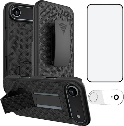 Vista 16 de Ailiber - Funda con clip para cinturón para iPhone 13/14, protector de pantalla, color negro Swivel Stand Holder, Slim Shell Slide Pouch Full Body