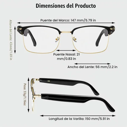 Vista 2 de Gafas inteligentes, gafas con filtro de luz azul, gafas de sol Bluetooth, lente fotocrómica, micrófono y altavoz integrados (GS13-dorado+marco negro)