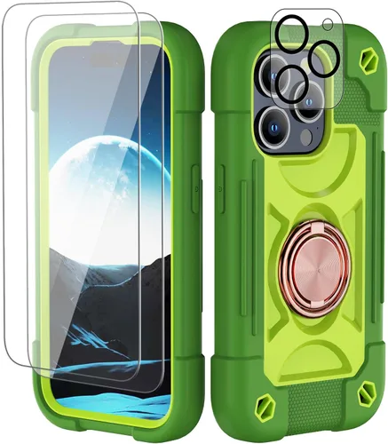 Vista 97 de Funda para iPhone 11 de 6.1 pulgadas con soporte de anillo, con 2 protectores de pantalla de vidrio, resistente a los golpes, resistente a