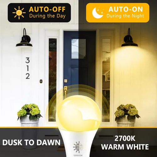 Vista 2 de Gonhom Paquete de 2 Bombillas de Luz del Atardecer al Amanecer para Exteriores, Blanco Cálido 2700K, 720LM, 9W (Equivalente a 60W) A19 E26 Bombillas