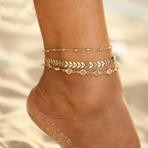 Vista 7 de Zoestar Pulsera para el tobillo de tres capas Cadena con hojas, accesorios de joyería para pie, para mujeres y niñas