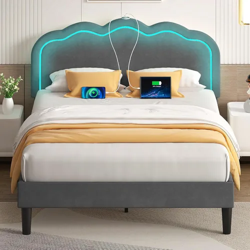 Vista 9 de VECELO - Base de cama tapizada tamaño matrimonial con cabecera ajustable, luces LED, USB-A y tipo-C, plataforma de cama de terciopelo sin ruido