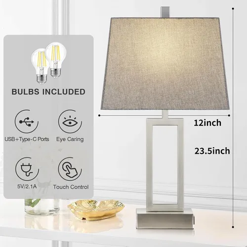 Vista 4 de Lolikit Lámparas de mesa con control táctil de 23.5 pulgadas, lámpara de noche de metal para dormitorio, juego de 2 con puertos USB A+C y salida