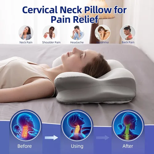 Vista 6 de FUNCCUBE Almohada cervical para el cuello – Almohadas de espuma viscoelástica para aliviar el dolor dormir con funda de almohada refrescante, Reina